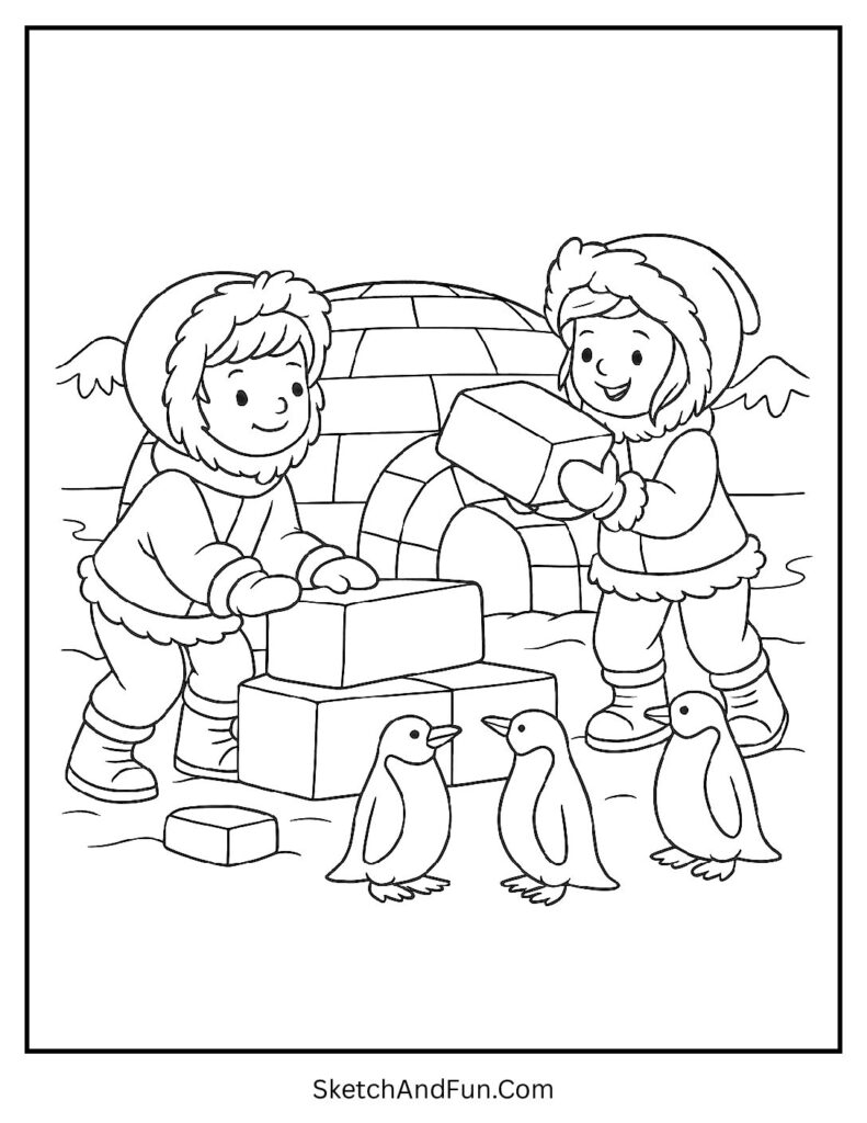 Kids building igloo with penguins for winter coloring pages preschool.