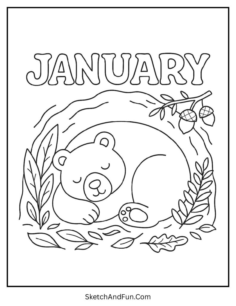 Sleeping bear in den in january colouring sheet for daycare cute printable.