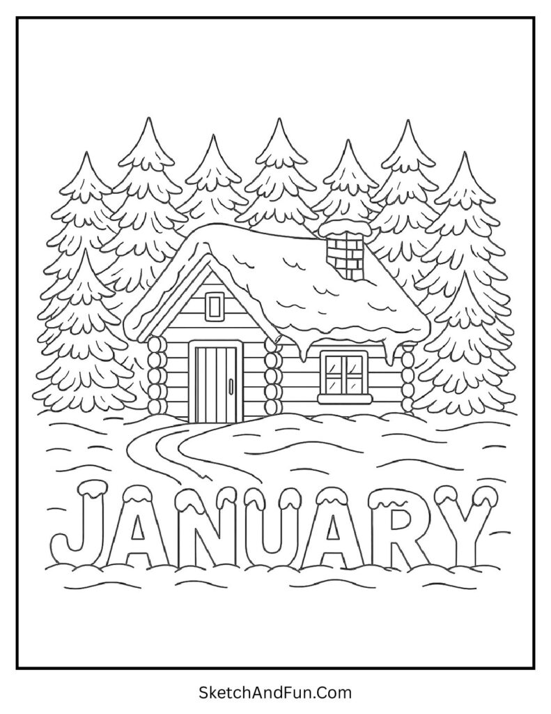 Snowy cabin and pine trees in january coloring pages cozy winter cabin design.