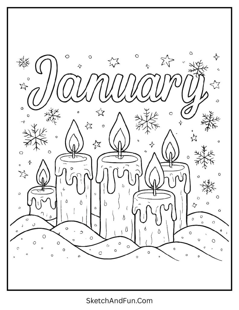 Candles glowing in january coloring page calendar month design cozy art.