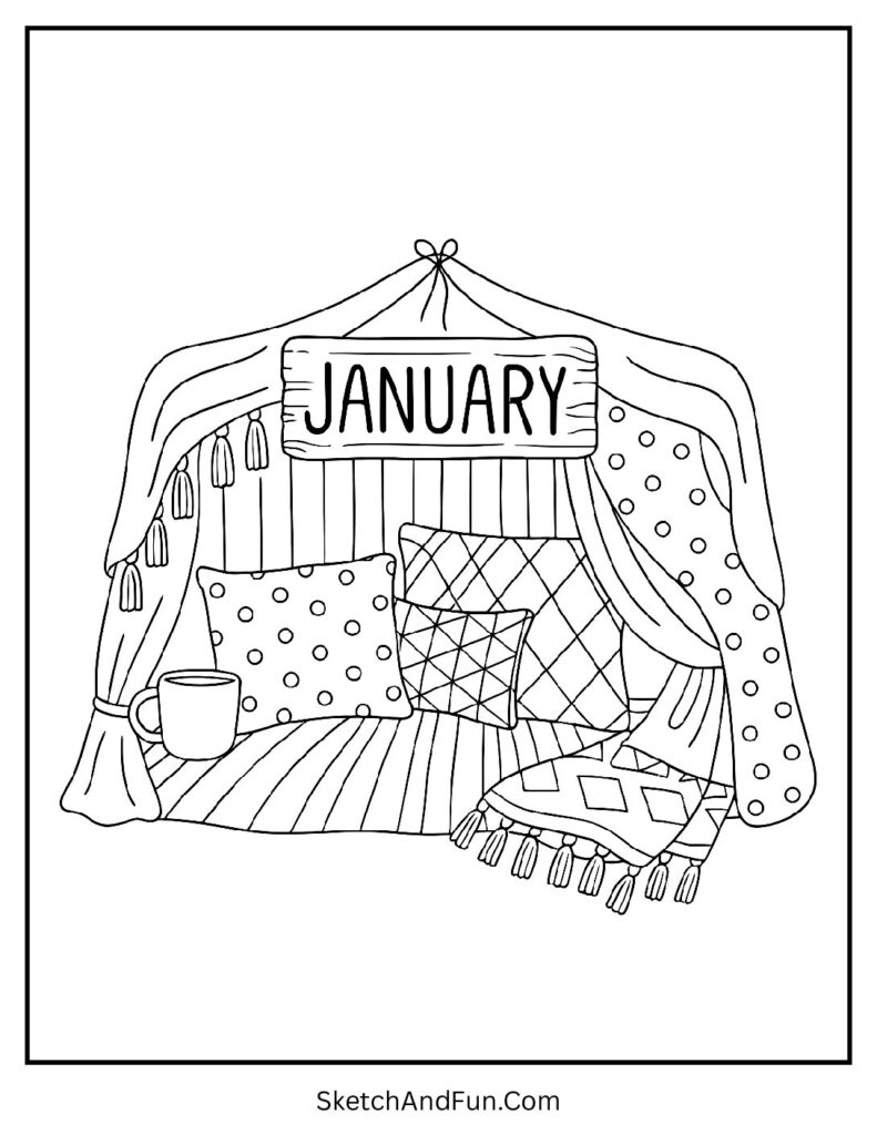 Blanket fort with pillows in january colouring pages adults intricate design.