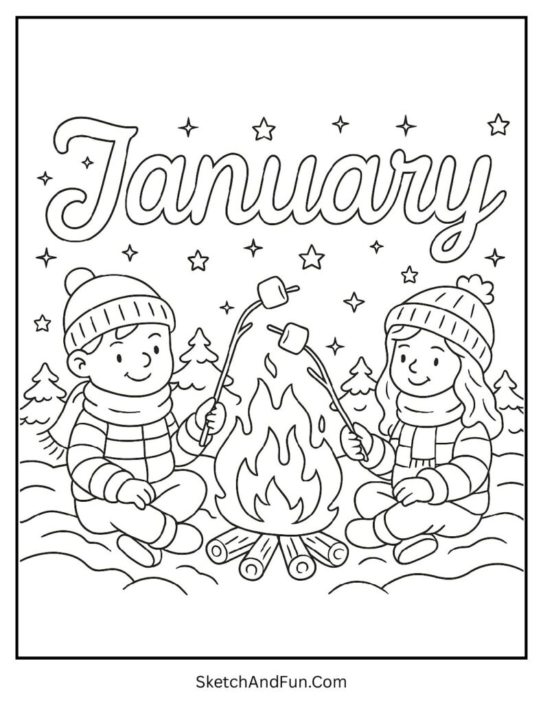 Campfire with friends roasting treats in january coloring pages adults stress relief.