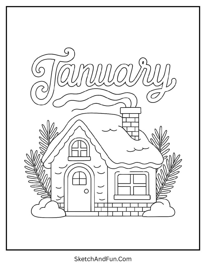 Cozy little home with chimney smoke in january coloring page easy preschool.