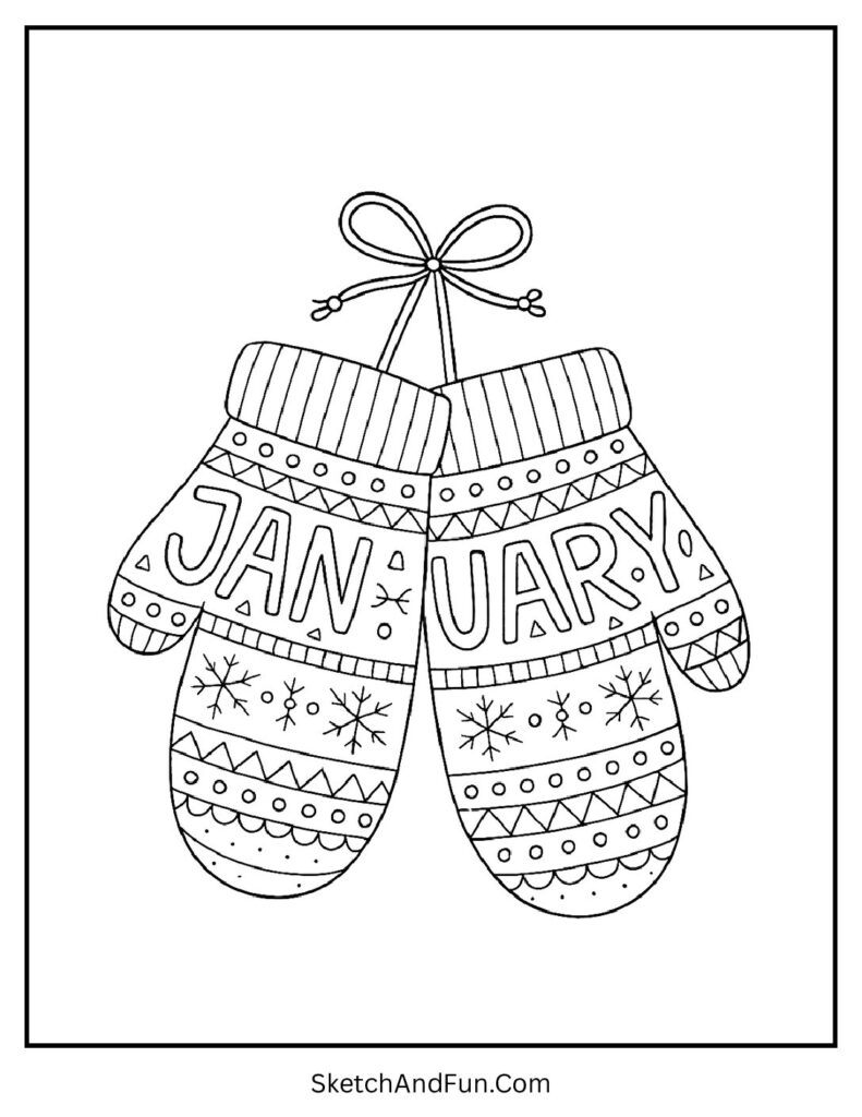 Patterned mittens hanging by strings in january coloring page mittens scarf.
