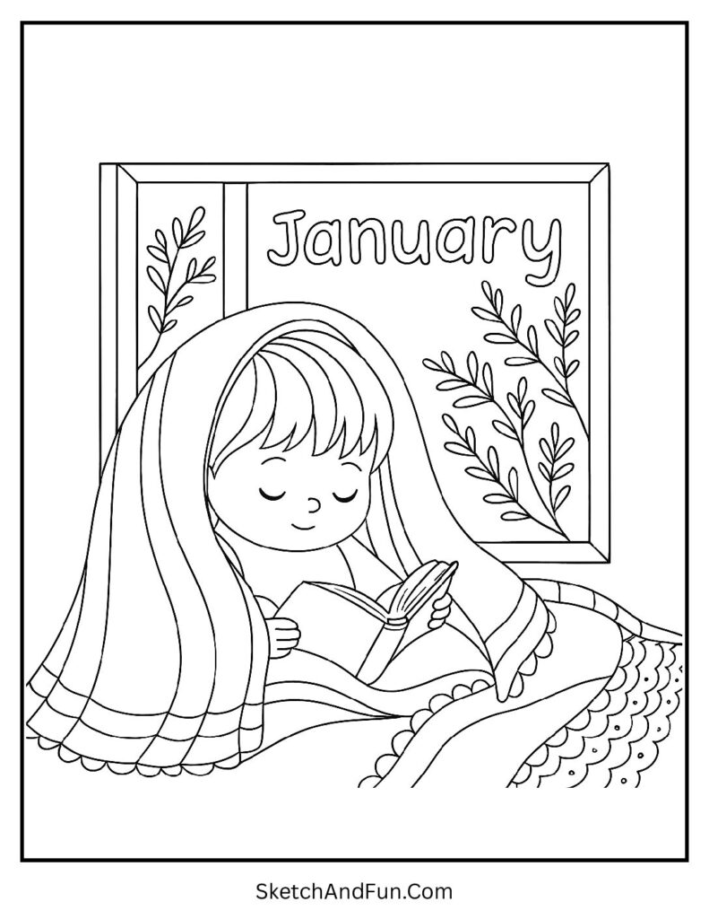 Child reading by frosty window in january coloring pages adults stress relief.