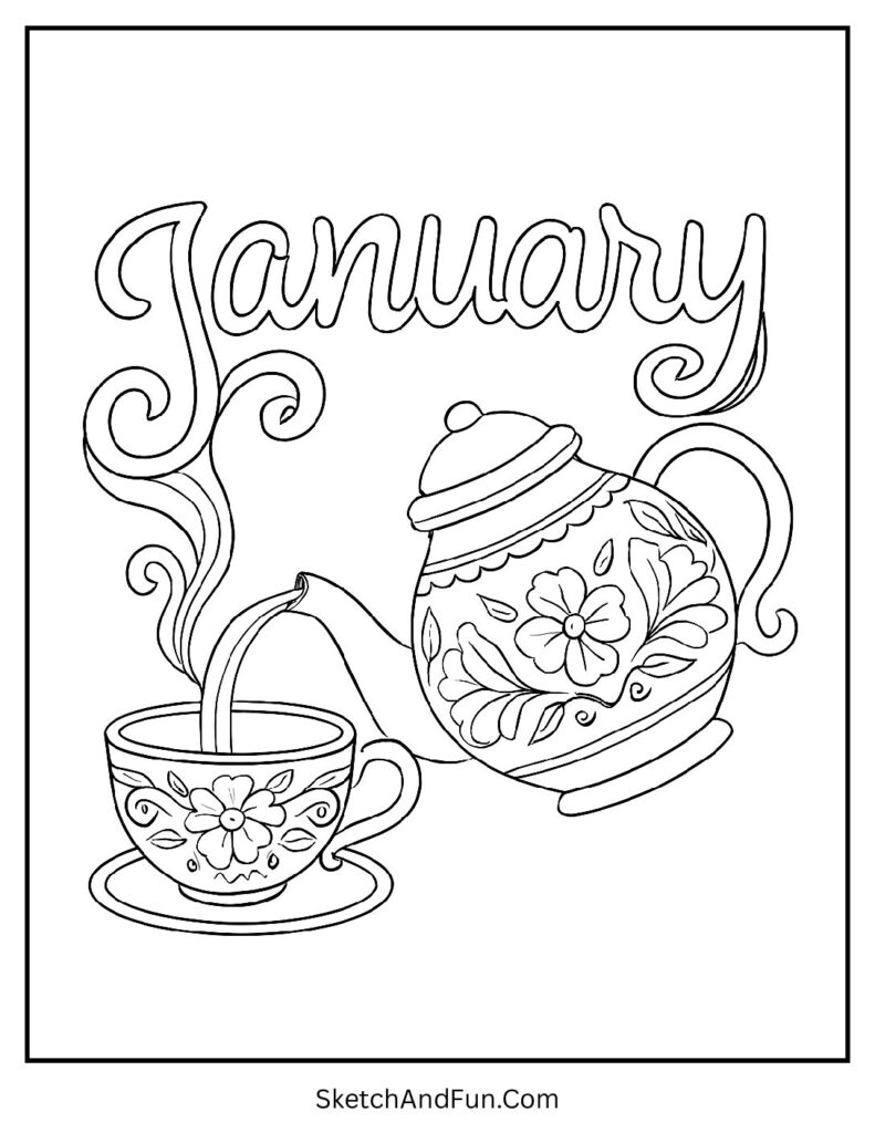 Hot tea with steam in january coloring pages for homeschoolers winter relaxation.