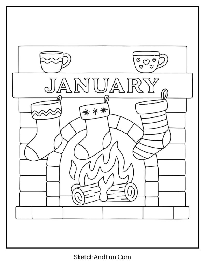 Fireplace with mugs and stockings in january coloring pages adults detailed cozy scene.