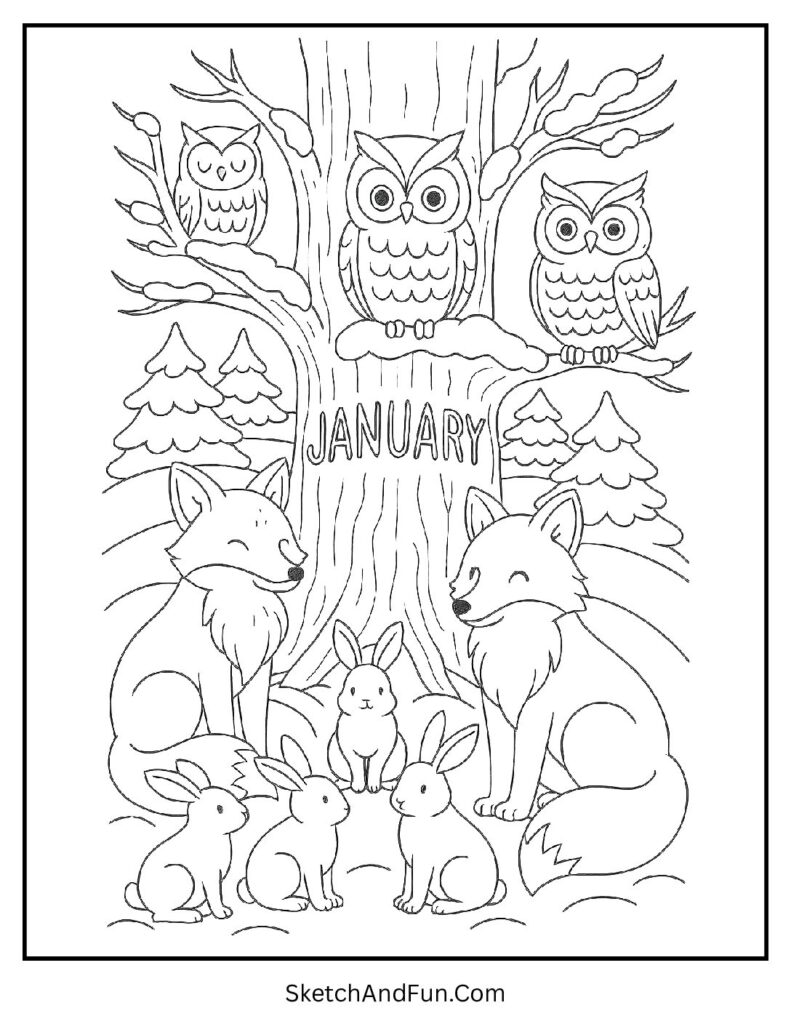 Forest animals under tree in january coloring pages for special days martin luther king.