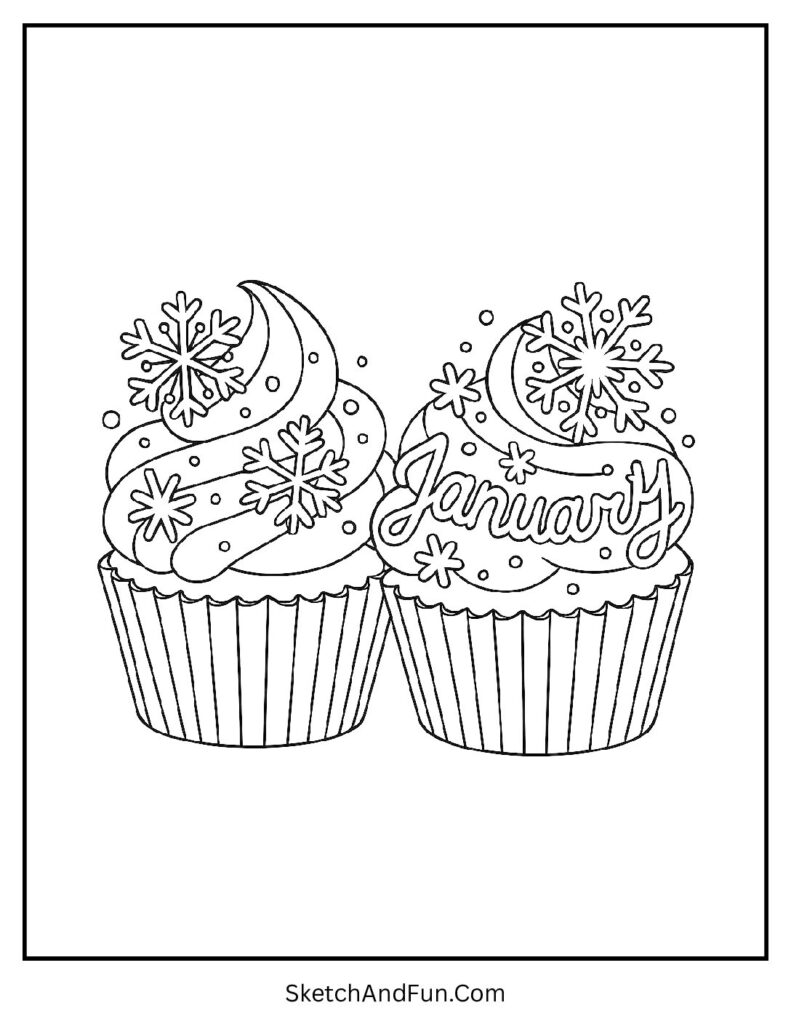 Frosted cupcakes with snowflakes in january coloring pages cute animals design.