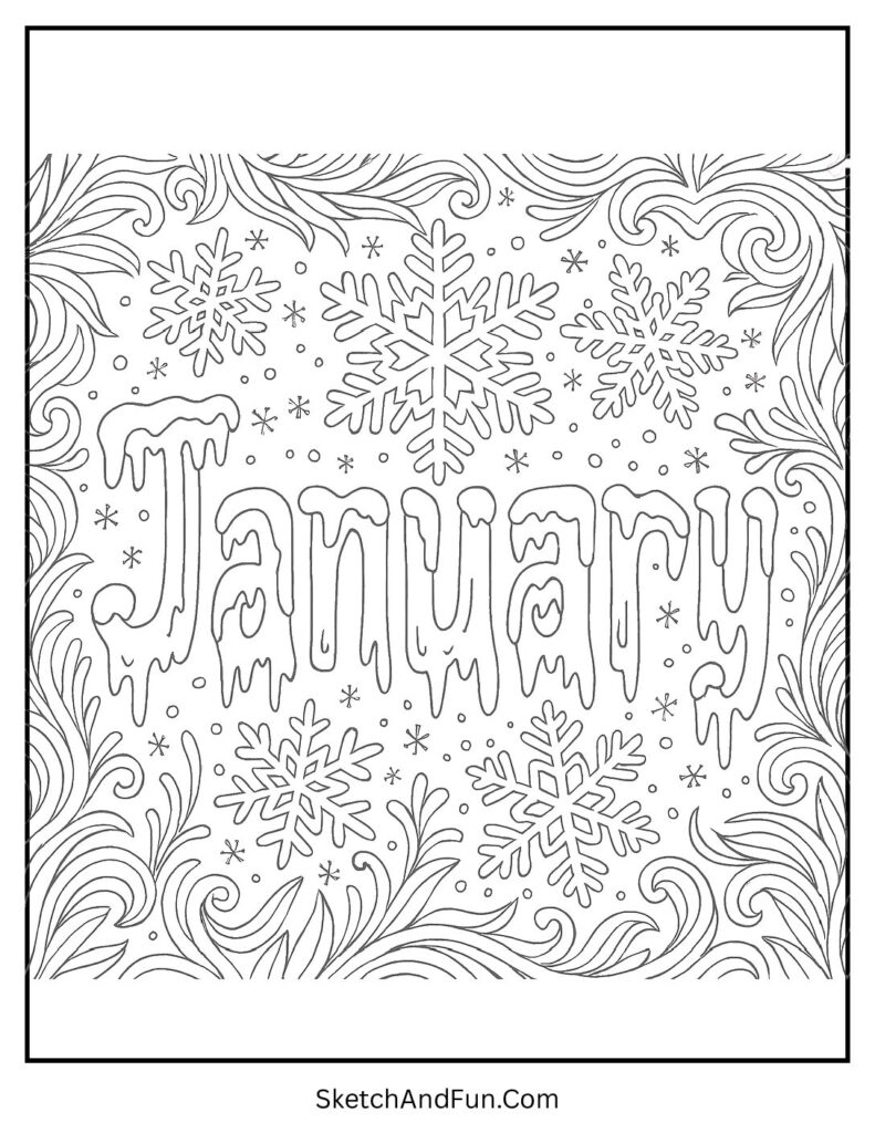 Frosty windows and icicles in january coloring sheet letters J-A-N-U-A-R-Y idea.