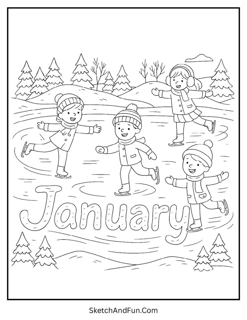 Kids on frozen lake spelling january coloring pages free printable winter fun.
