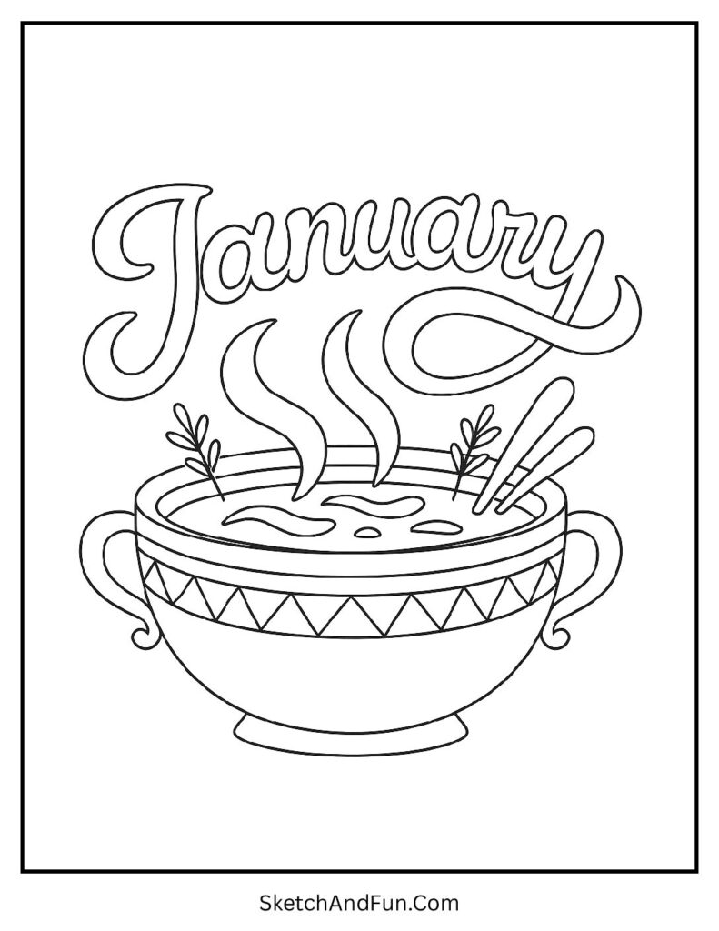 Warm soup bowl with steam forming january coloring pages for kindergarten craft.
