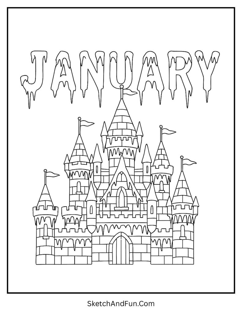 Shimmering ice castle under stars in january colouring pages adults intricate design.