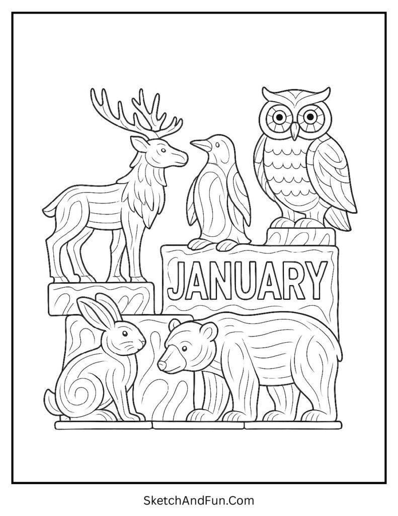 Ice animal sculptures in january coloring sheet new beginnings janus theme art.
