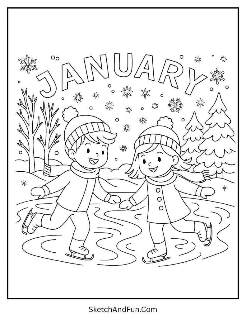 Kids skating on frozen pond in january coloring page ice skating scene fun.