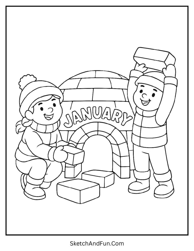Kids building igloo in january coloring sheet igloo and snow printable.