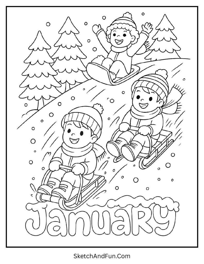 Kids sledding down hill in january coloring pages for homeschoolers printable.