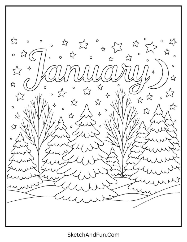 Starry forest night in january colouring pages adults intricate design printable.