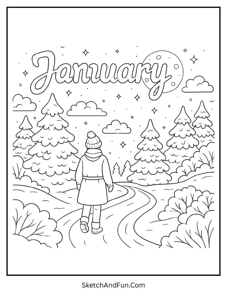 Moonlit winter walk scene in january coloring page for teens mindfulness calm art.