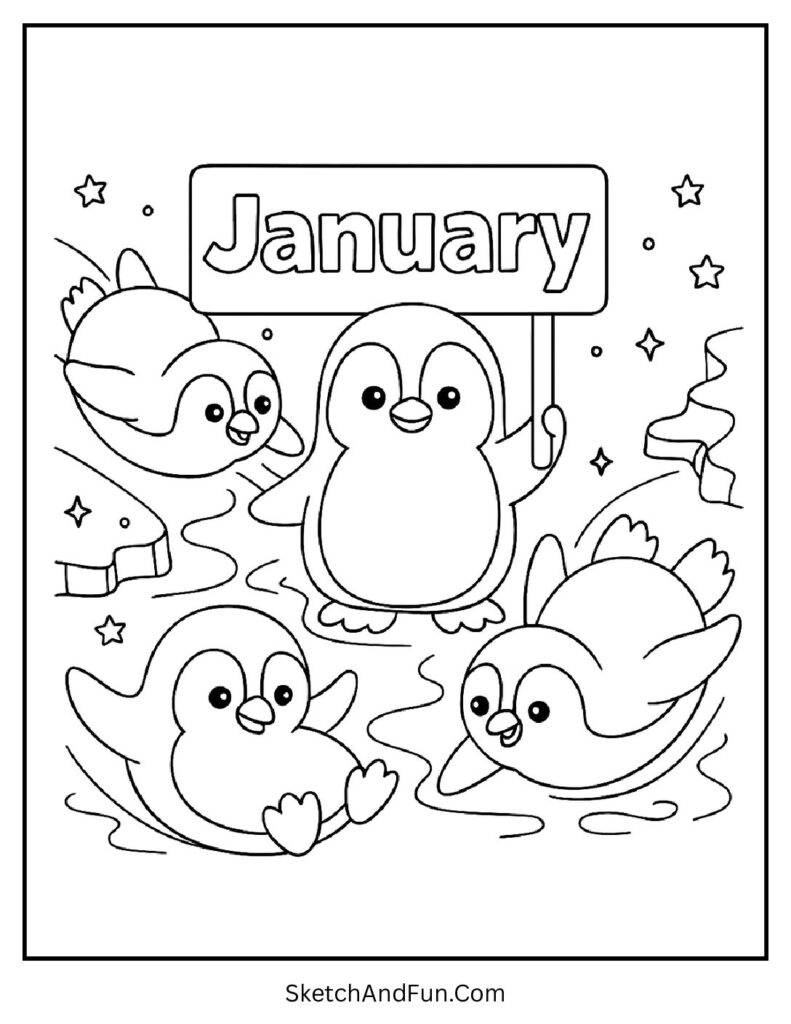 Happy penguins sliding on ice in january coloring page penguin winter printable.