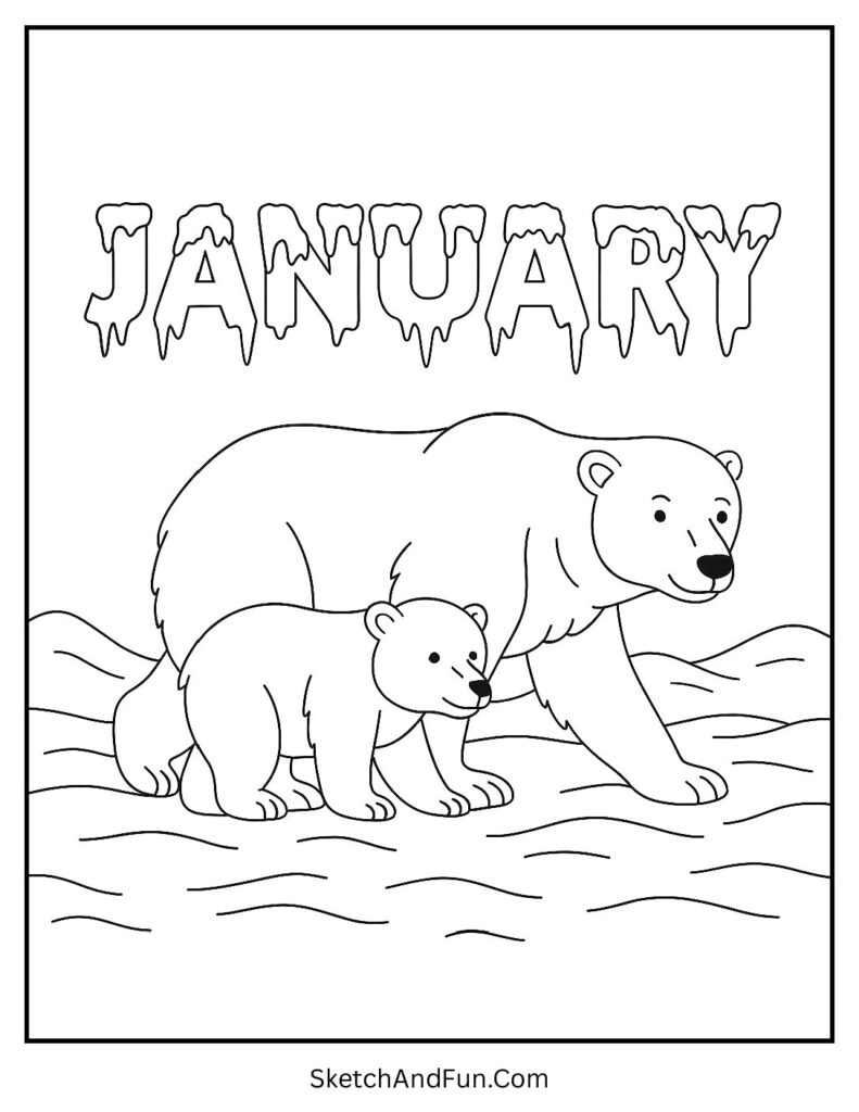 Polar bear family walking in january coloring pages polar bear winter printable.