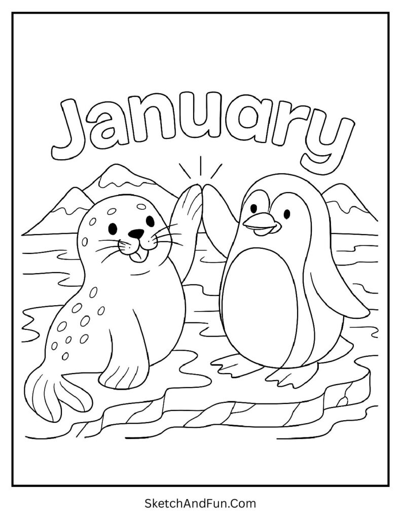 Penguin and seal high-fiving in january coloring pages kids club winter printable.
