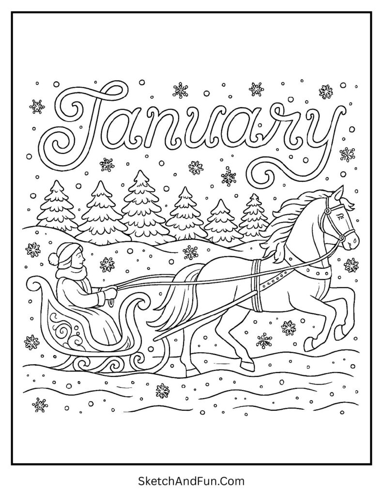 Sleigh and horse ride through snow in january coloring pages winter sports sledding.