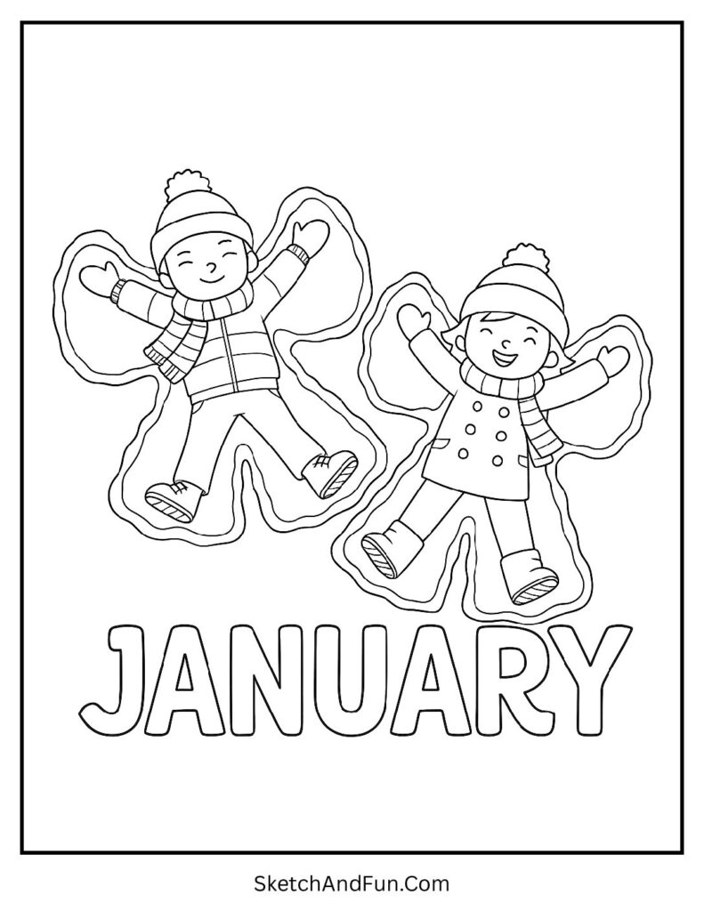 Kids making snow angels in january coloring pages for kids pdf printable.