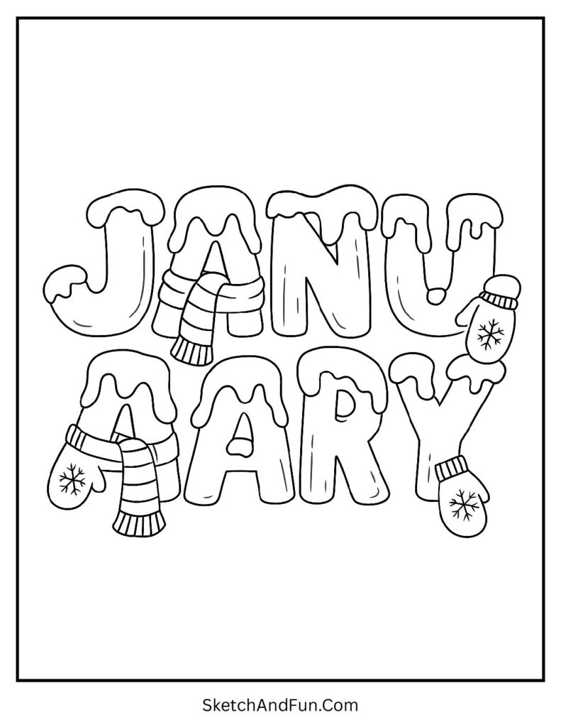 Snow-covered letters with mittens in january coloring sheet birth flower carnation.