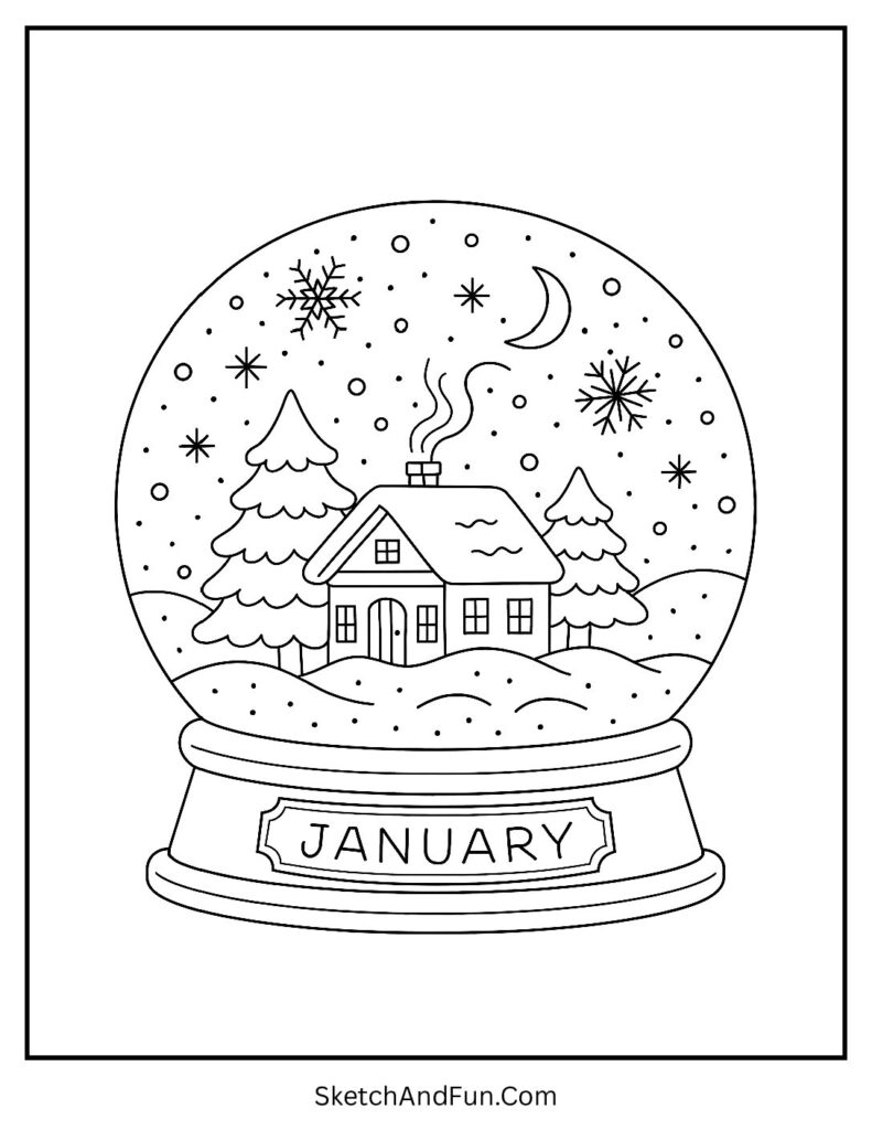Snow globe with cozy scene in january coloring sheet snow globe scene fun.