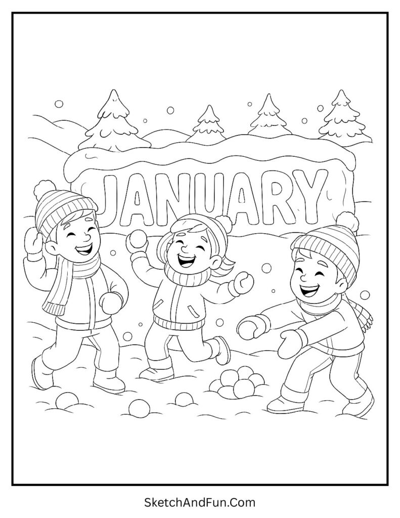 Kids throwing snowballs in january coloring sheets print & color kids fun.