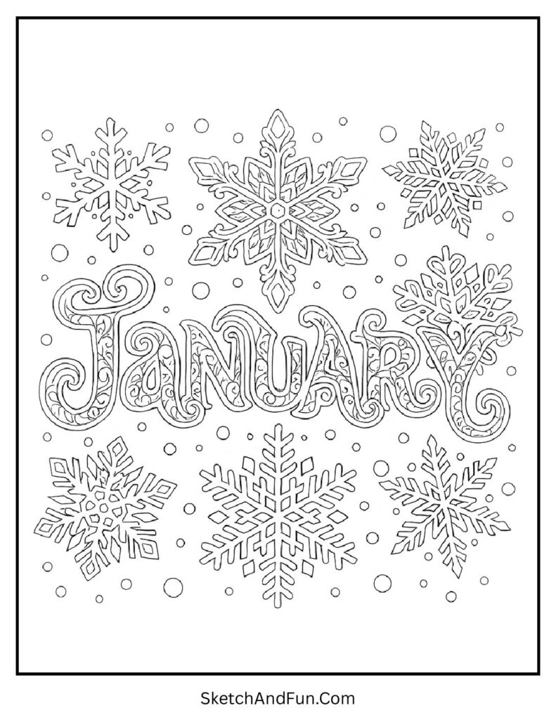 Giant snowflakes swirling in january colouring sheet snowflake mandala art.