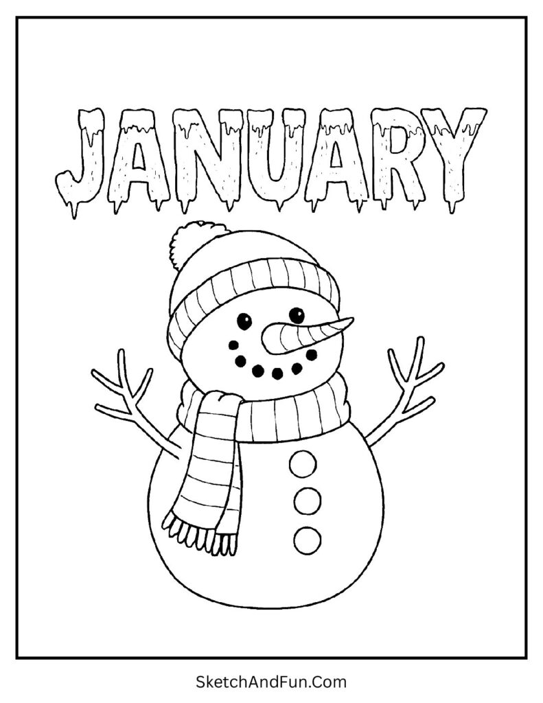 Cute snowman with scarf and hat in january coloring sheet snowman winter scene.