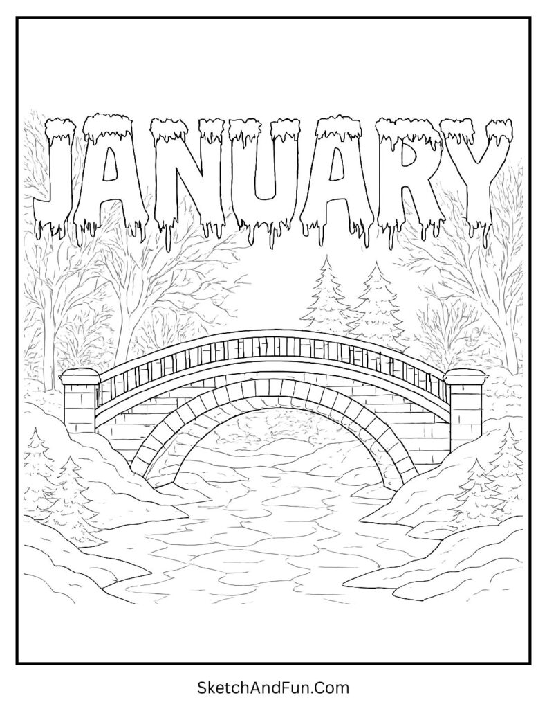 Snowy bridge over frozen river in january colouring pages uk version winter scene.