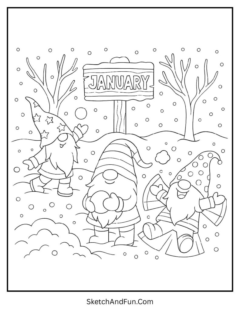 Gnomes playing in snow in january colouring pages for bulletin board display.