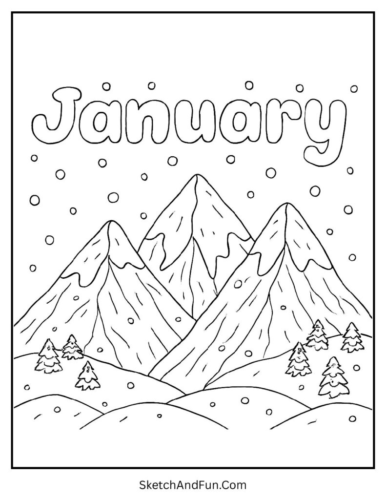 Snowy mountains under blue sky in january colouring pages free printable high quality.