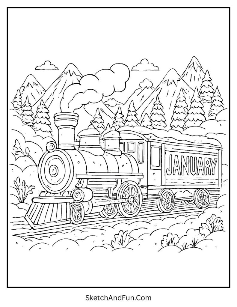 Train passing snowy hills in january coloring page cabin in snow landscape art.