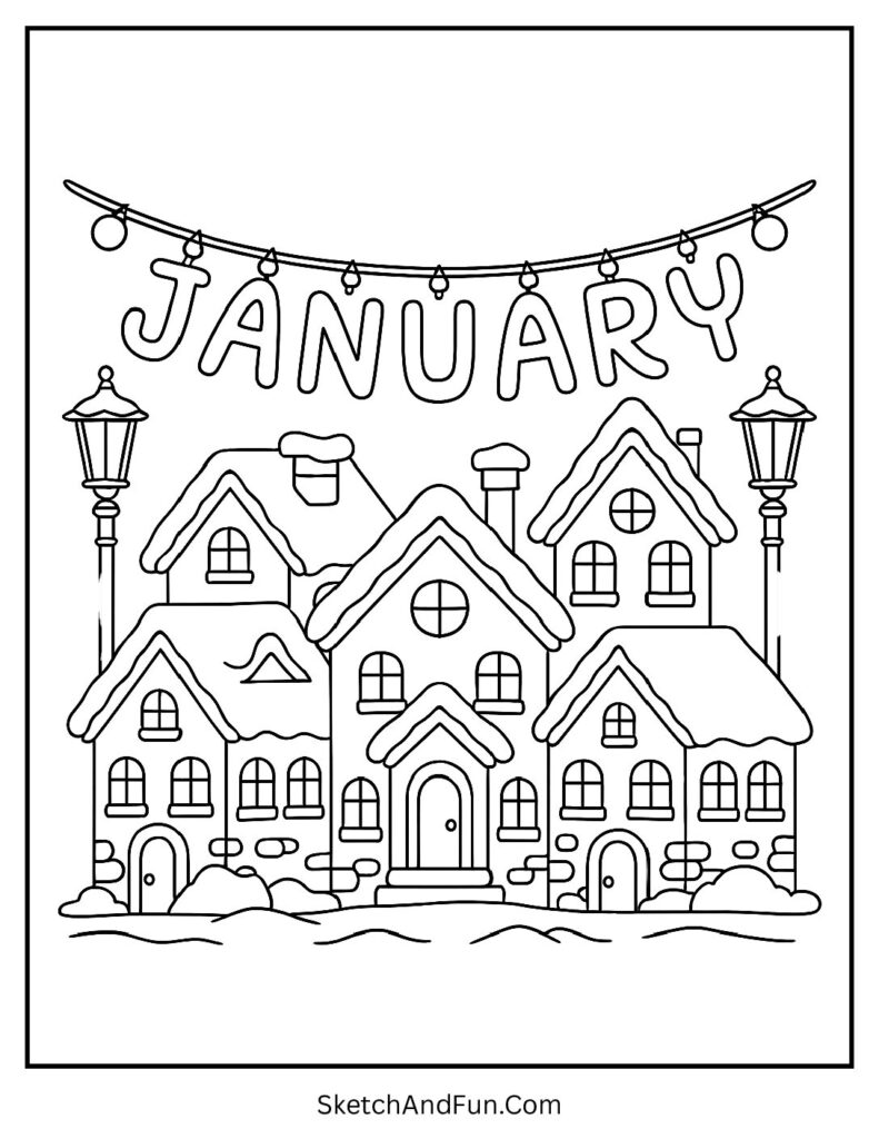 Snowy village houses and lights in january colouring pages printable A4 size.