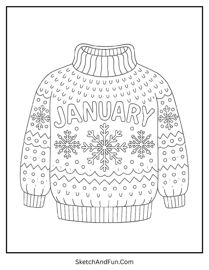 Cozy sweater design with snowflakes in january coloring sheet simple outline.