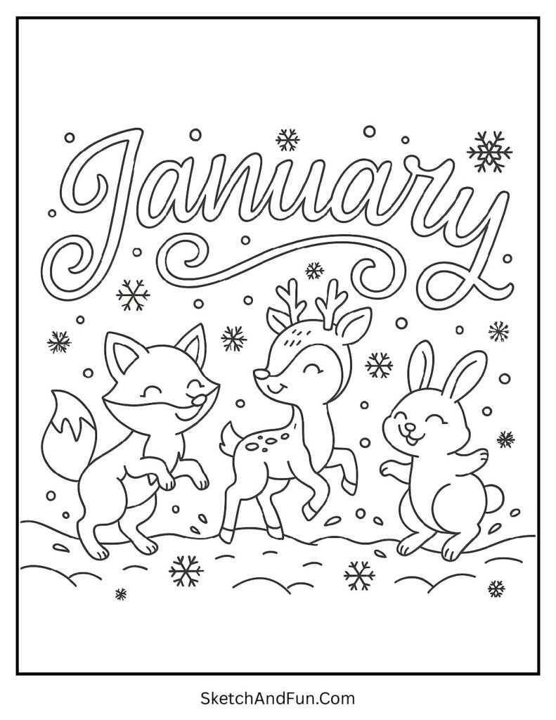 Winter fox, deer, and rabbit in january coloring sheet winter animals penguin owl.