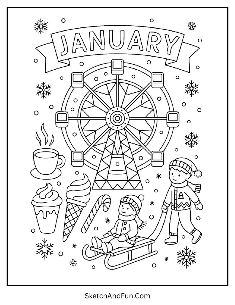 Ferris wheel and snow games in january coloring pages january theme party activity.