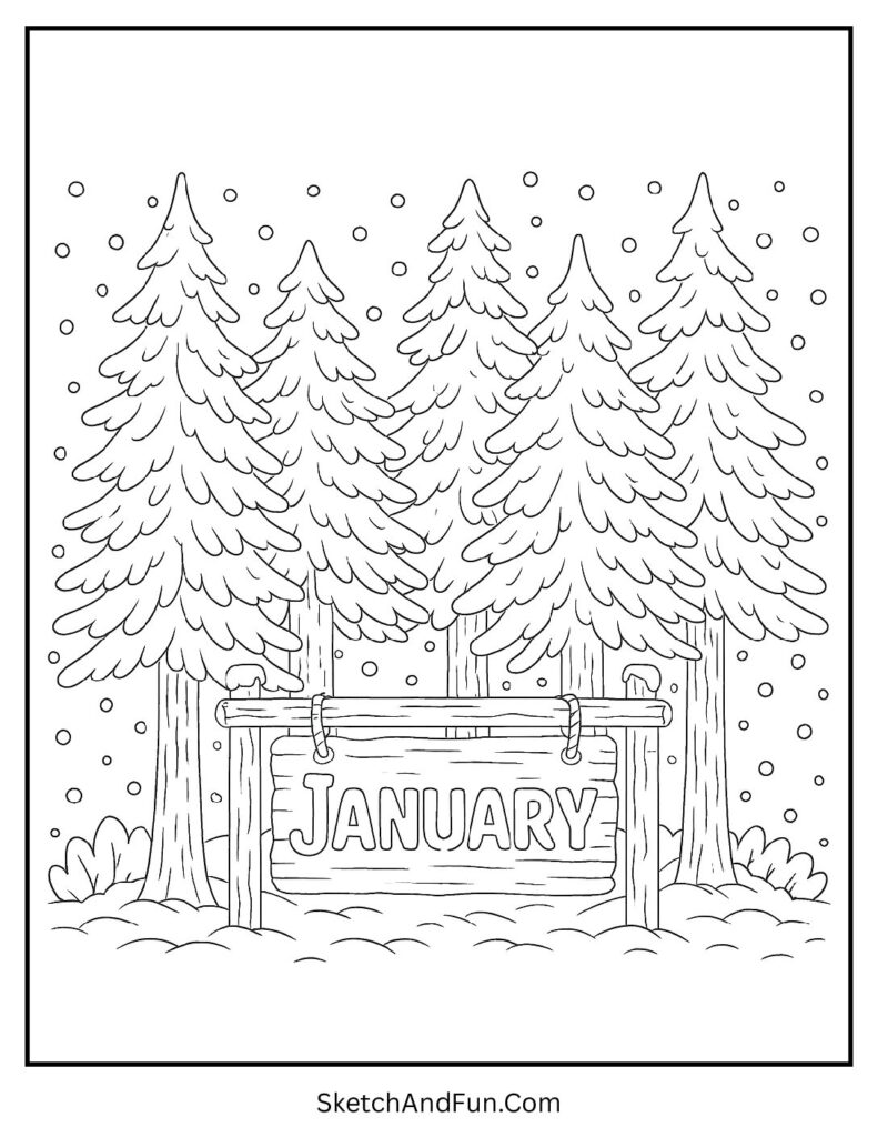 Pine forest with snow sign in january coloring pages calendar month design.