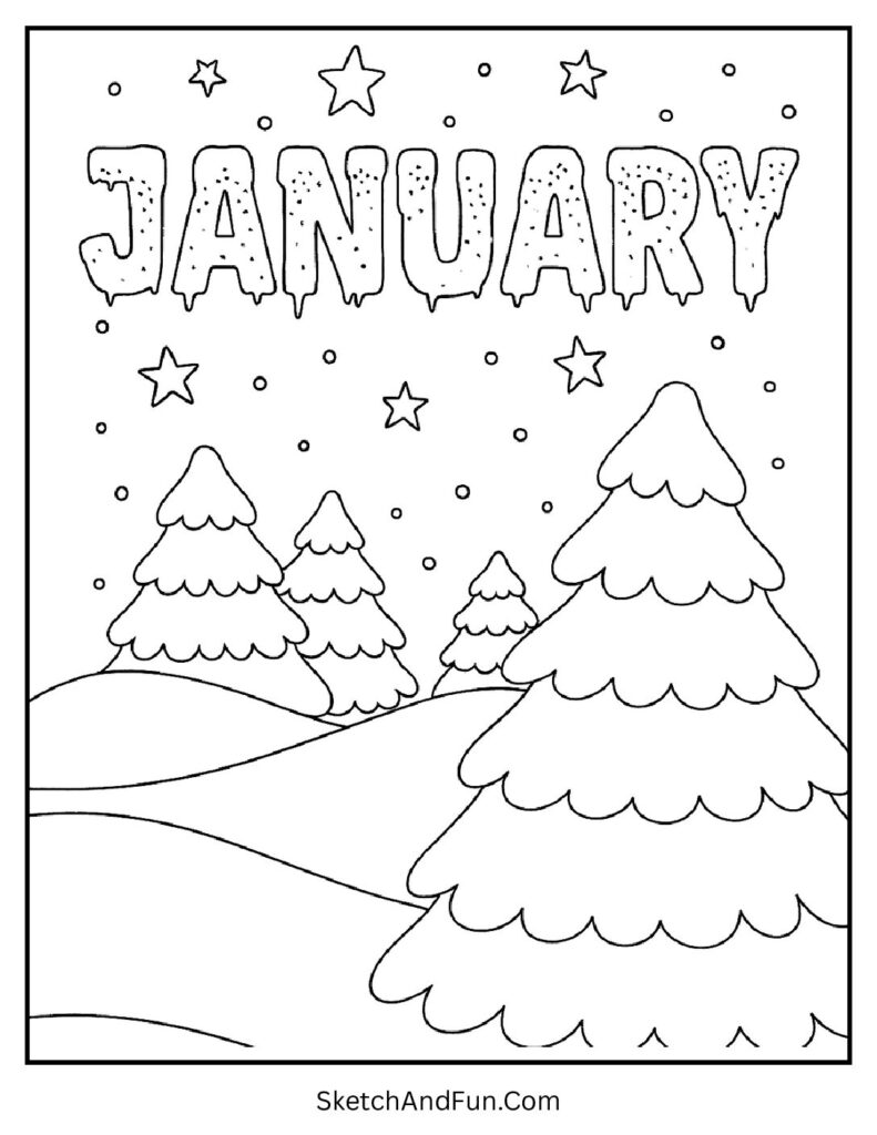 Snowy trees and stars in magical january coloring pages winter theme landscape.