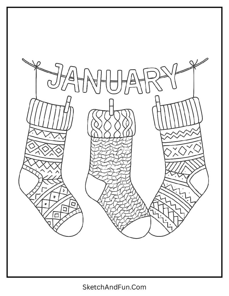 Hanging wool socks in january coloring sheets classroom activity printable.