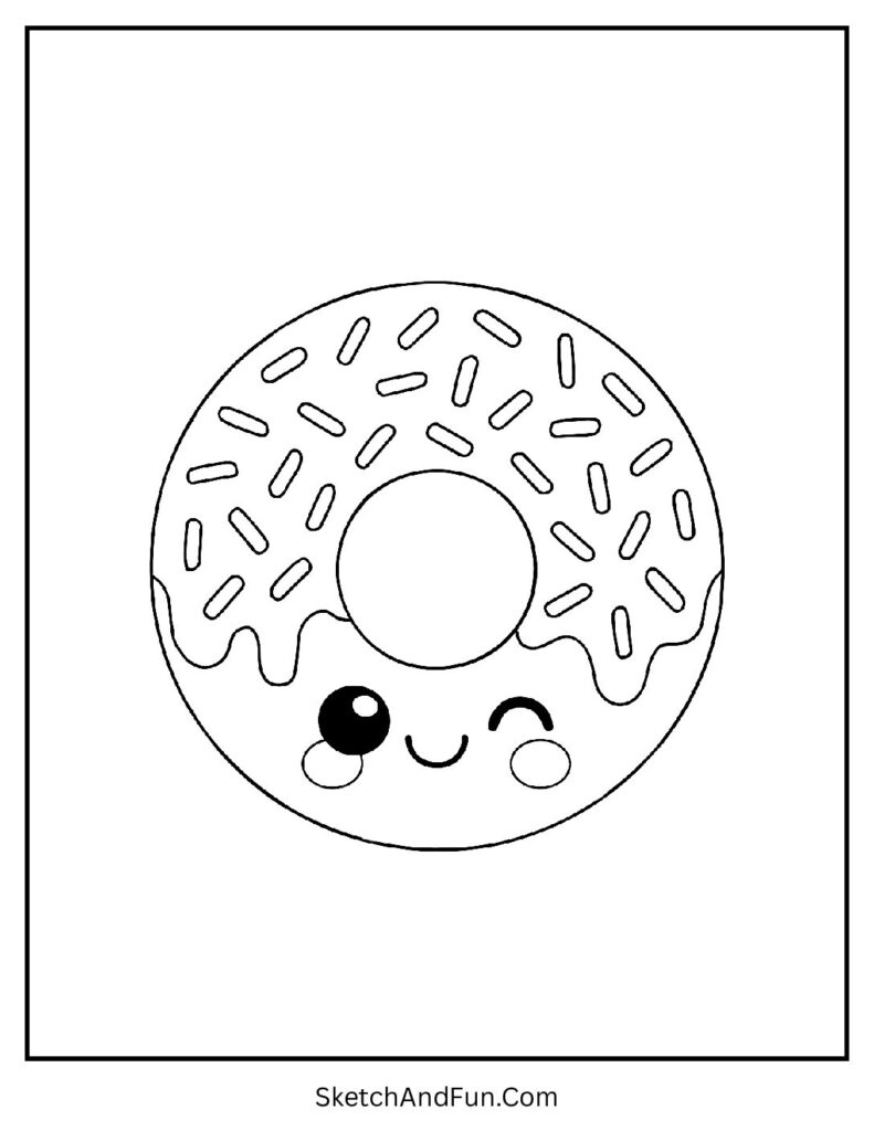 Winking donut with sprinkles in kawaii coloring pages food for happiness.