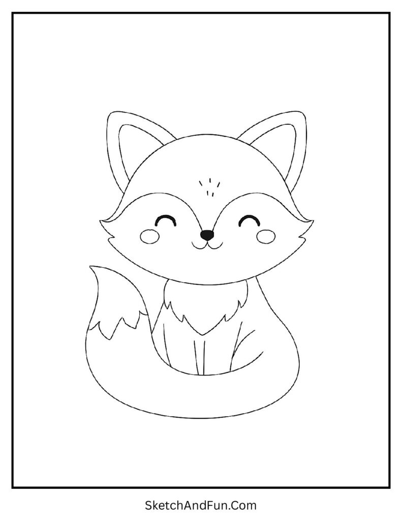 Small fox sitting with bushy tail in kawaii coloring pages for kids.