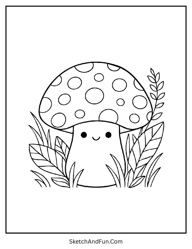 Mushroom with polka dots in kawaii coloring pages for relaxation.