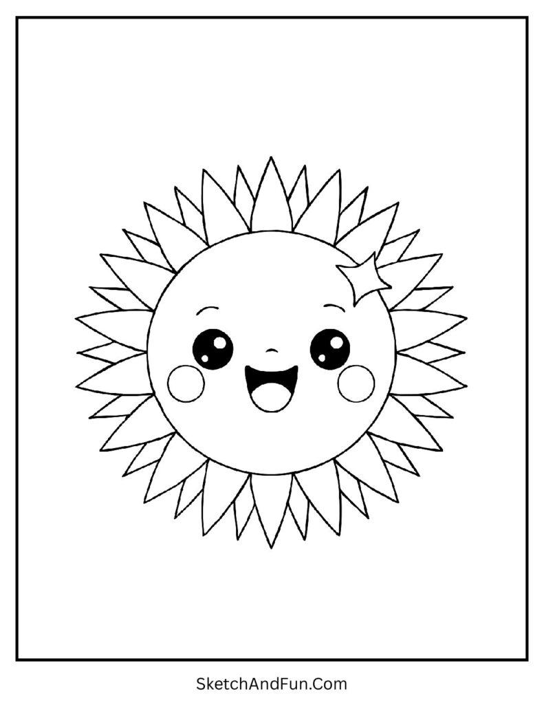 Bright sun with sparkling face in kawaii coloring pages for kids.