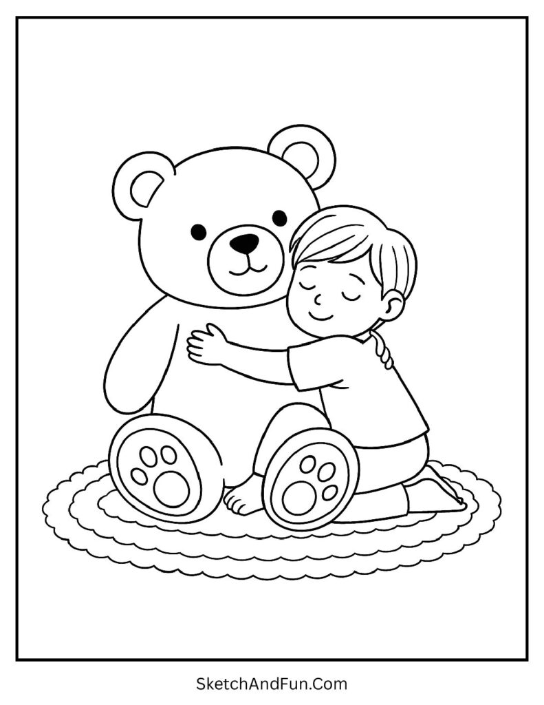 Kid hugging giant teddy from cozy coloring pages large format