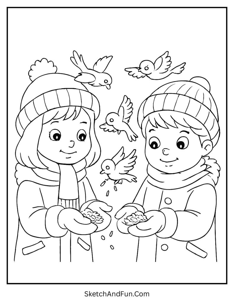 Kids feeding winter birds for winter coloring pages for adults.